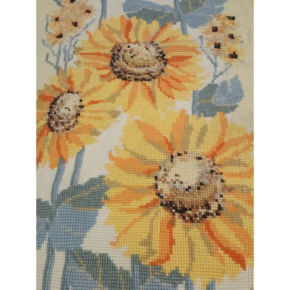Vintage Handmade Sunflower Knit Throw Blanket‎ Orange Yellow Fringe 76x48 Retro